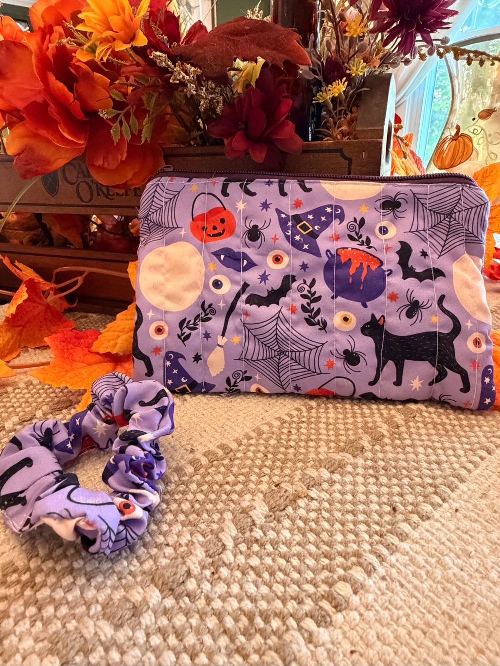 Kids Halloween Purple Cat Cosmetic Pouch & Scrunchie Set